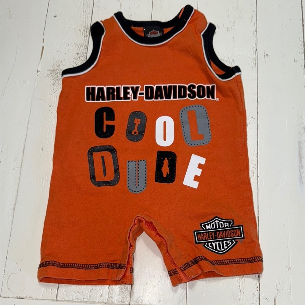 🍄0/3m Harley-Davidson Orange Baby Romper